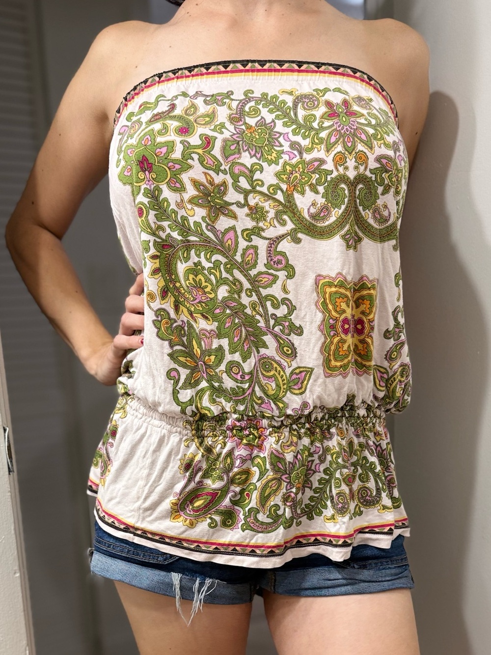 Johnny Was Strapless Paisley Camisole in Cream with Olive & Pink Motifs - Picture 8 of 8